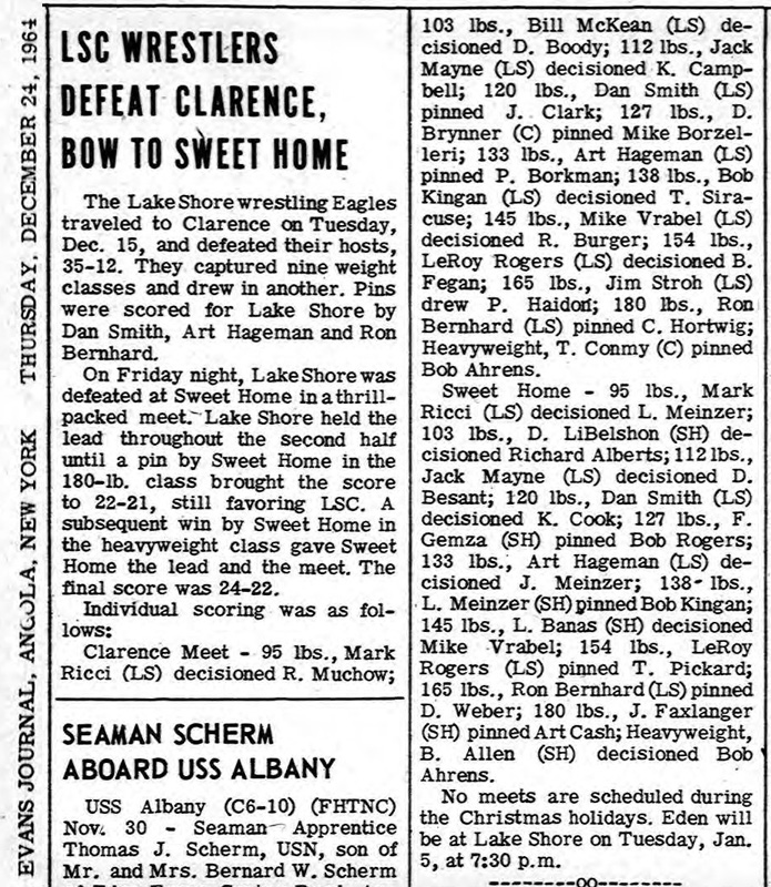 Lake Shore Wrestlers Defeat Clarence, Bow To Sweet Home