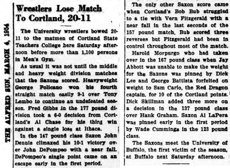 Alfred Wrestlers Lose Match To Cortland, 20-11