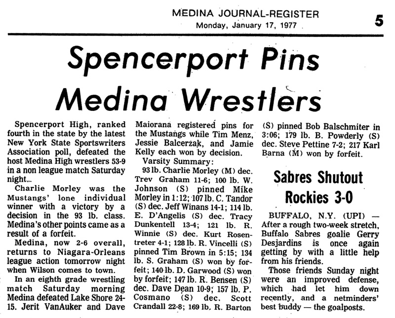 Spencerport Pins Medina Wrestlers