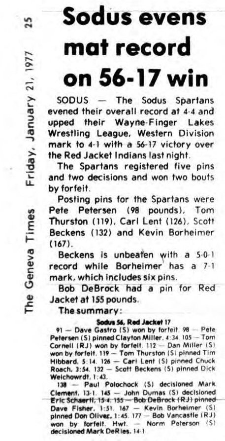 Sodus evens mat record on 56-17 win