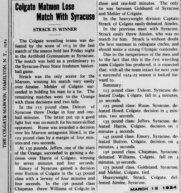 Colgate Matmen Lose Match With Syracuse