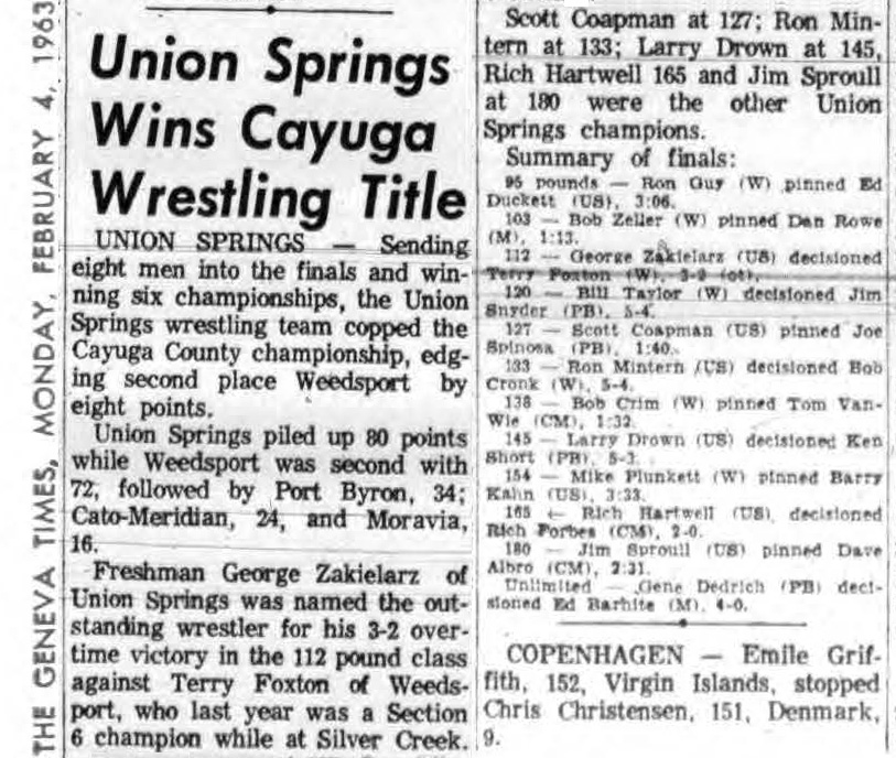 Union Springs Wins Cayuga Wrestling Title