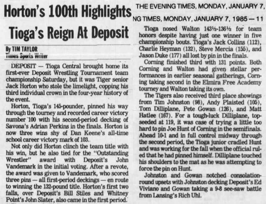 Horton's 100th Highlights Tioga's Reign At Deposit