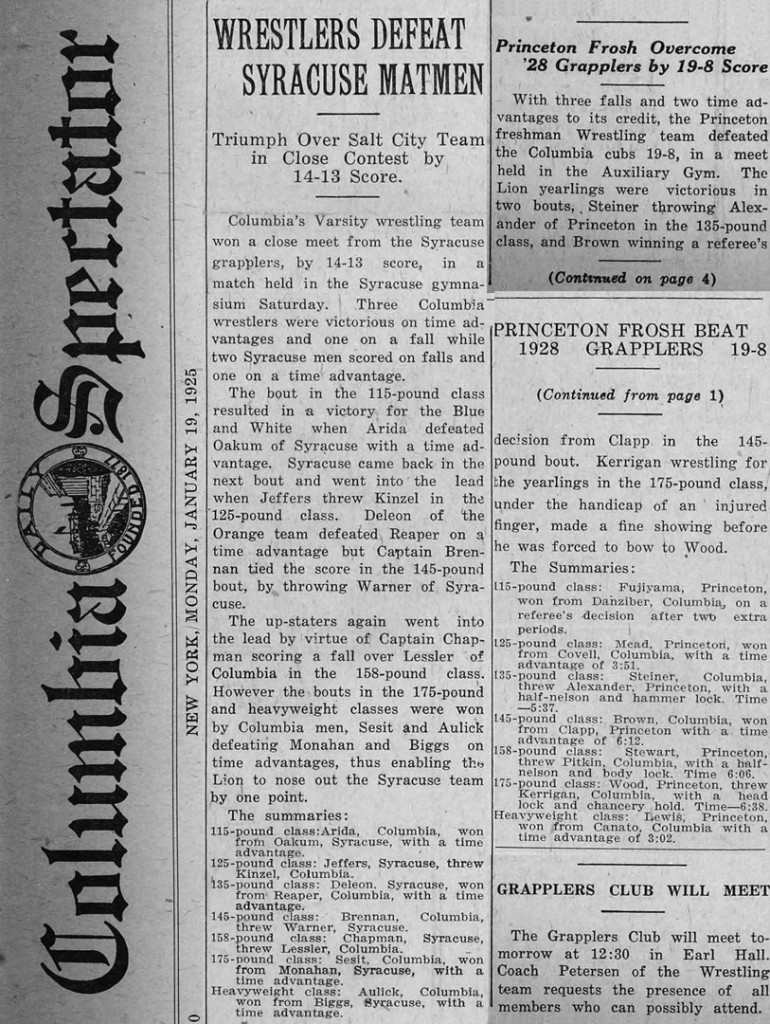 Columbia Wrestlers Defeat Syracuse Matmen