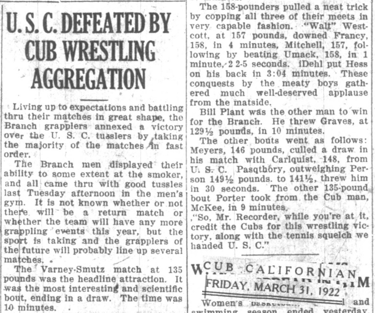 U.S.C. Defeated By Cub Wrestling Aggregation