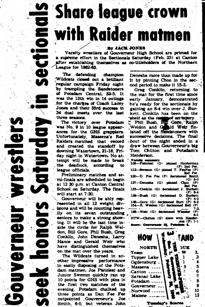 Gouverneur wrestlers seek honors Saturday in sectionals
