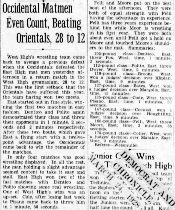 Occidental Matmen Even Count, Beating Orientals, 28 to 12