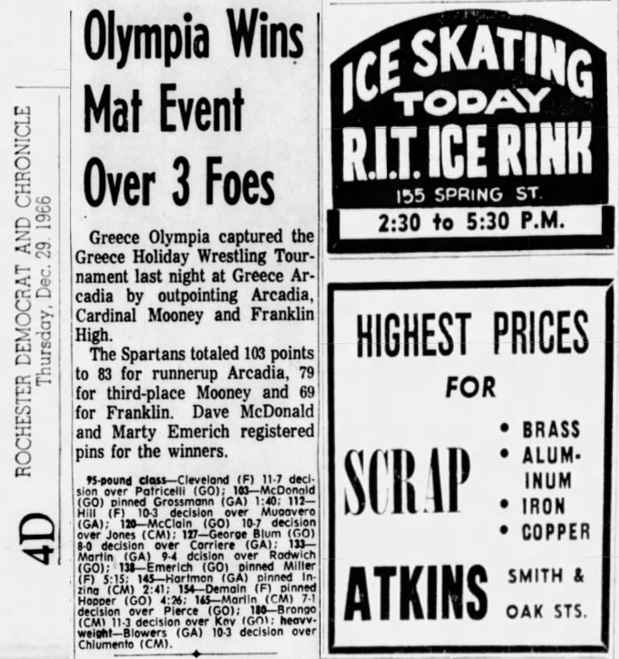 Olympia Wins Mat Event Over 3 Foes