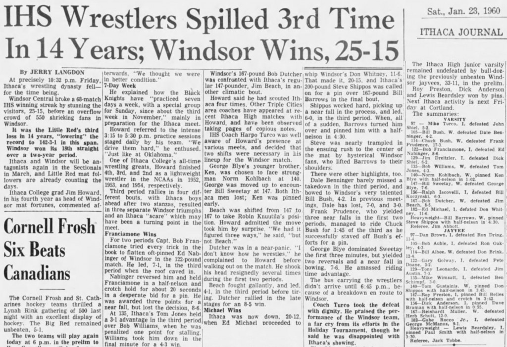 Ithaca HS Wrestlers Spilled 3rd Time In 14 Years; Windsor Wins, 25-15