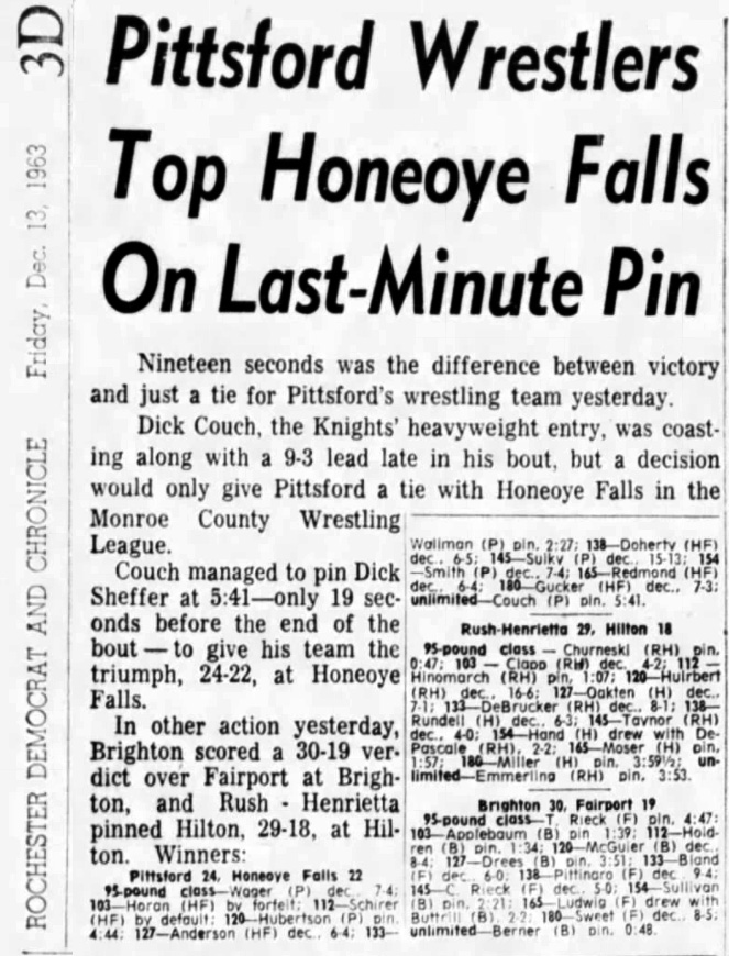 Pittsford Wrestlers Top Honeoye Falls On Last-Minute Pin