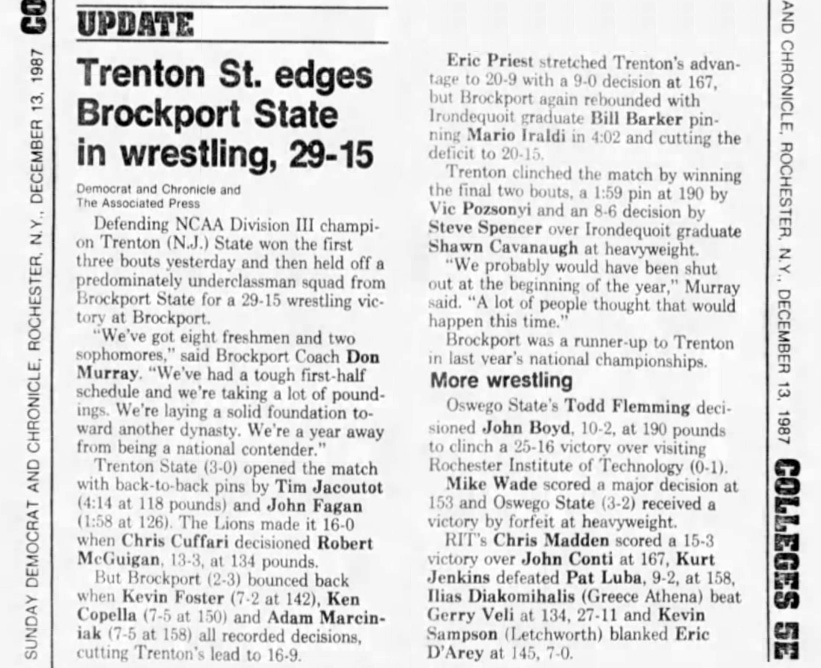 Trenton St. edges Brockport State in wrestling, 29-15