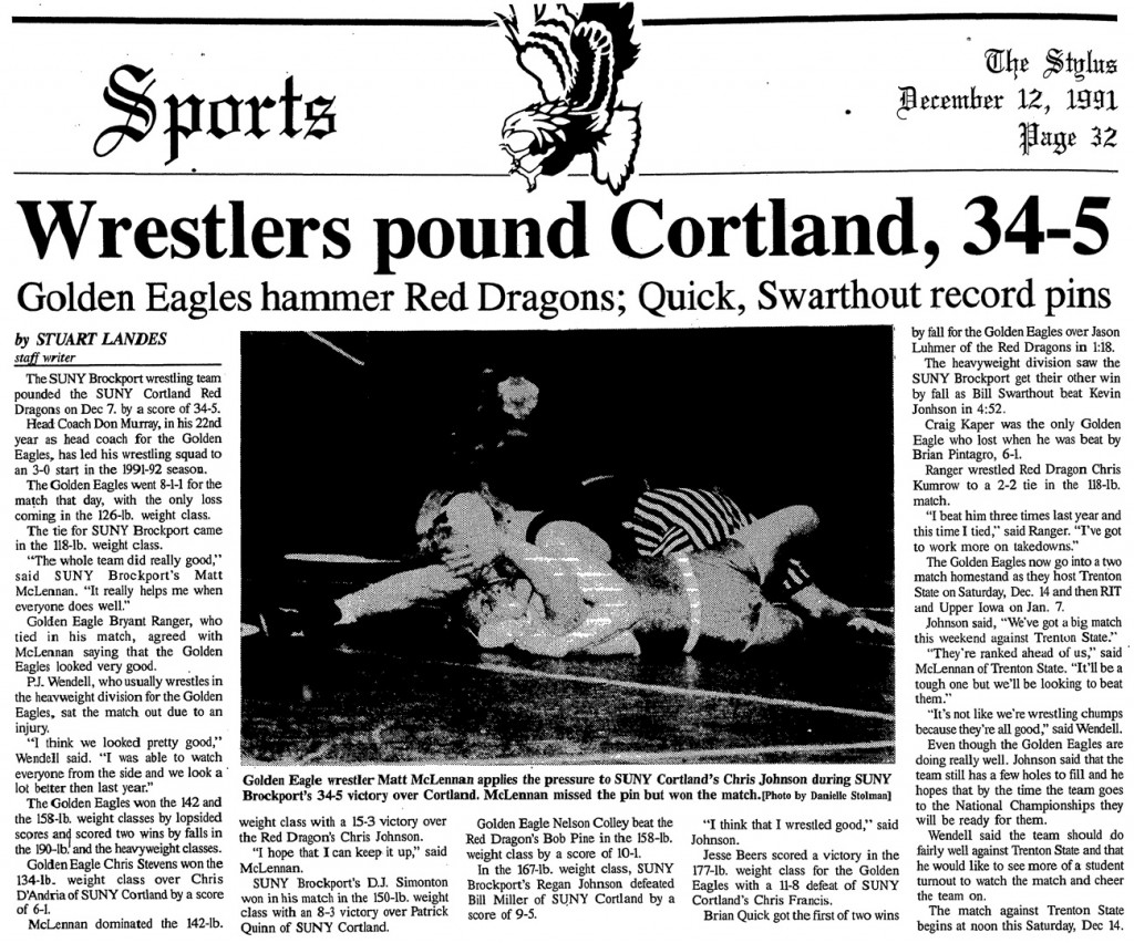 Brockport Wrestlers pound Cortland, 34-5