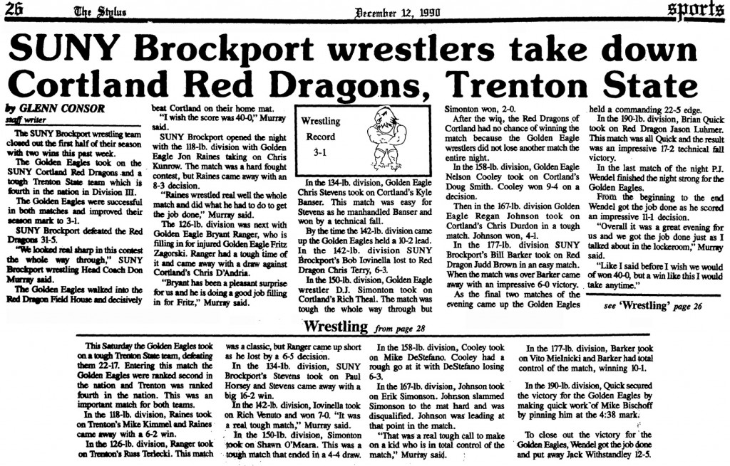 SUNY Brockport wrestlers take down Cortland Red Dragons, Trenton State