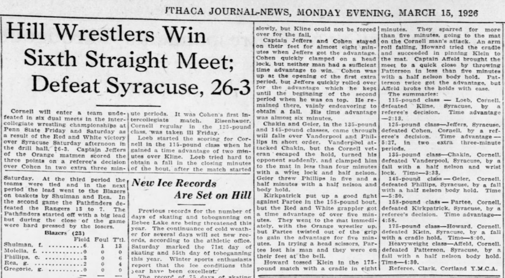 Hill Wrestlers Win Sixth Straight Meet; Defeat Syracuse, 26-3