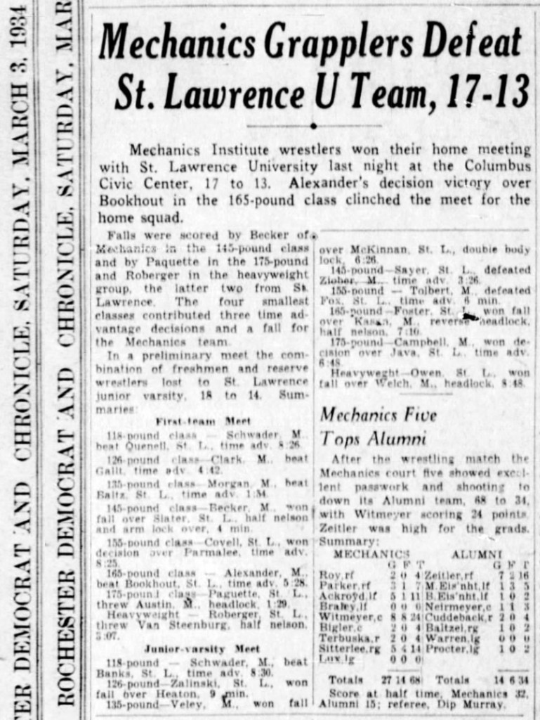 Mechanics Grapplers Defeat St. Lawrence U Team, 17-13