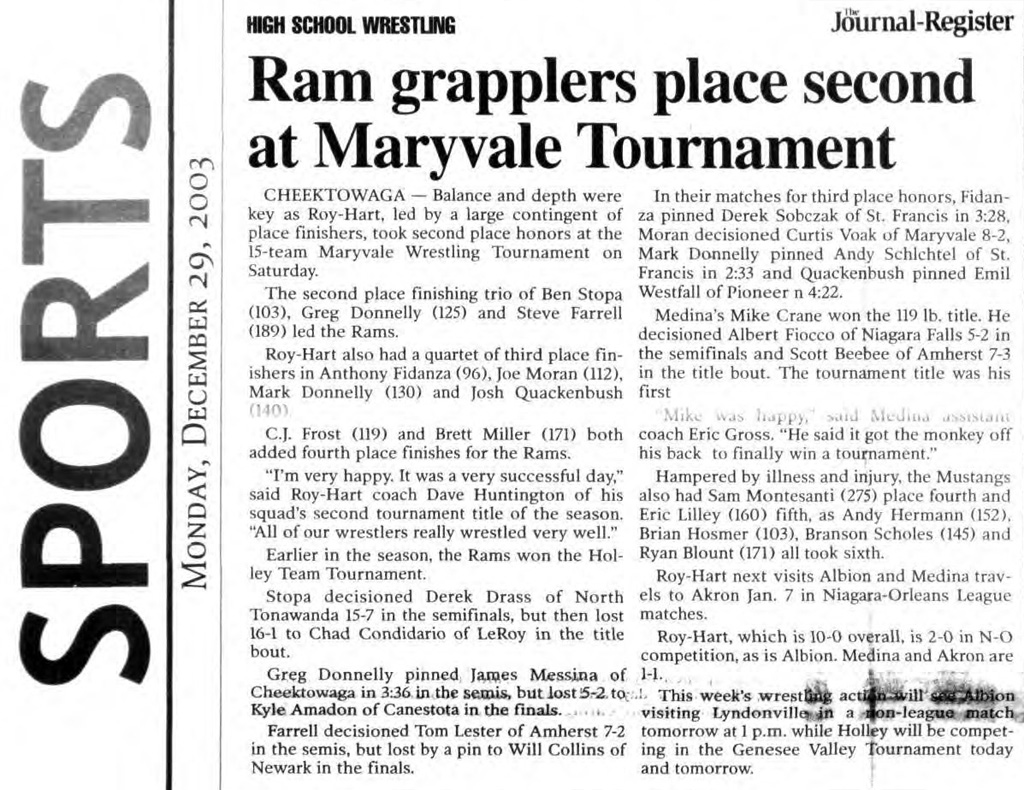 Ram grapplers place second at Maryvale Tournament
