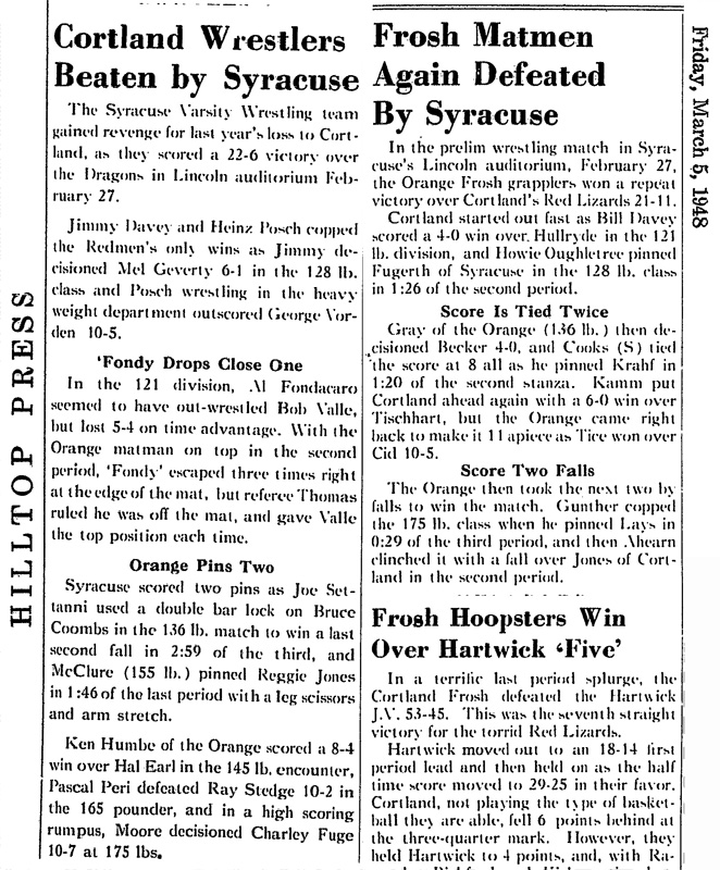 Cortland Wrestlers Beaten by Syracuse