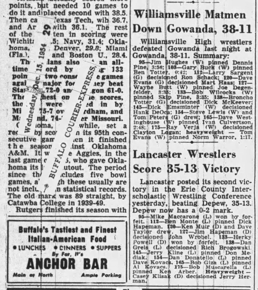 Williamsville Matmen Down Gowanda, 38-11