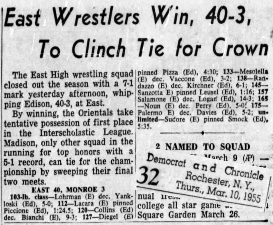 East Wrestlers Win, 40-3, To Clinch Tie for Crown