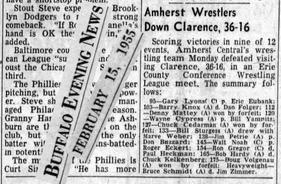 Amherst Wrestlers Down Clarence, 36-16