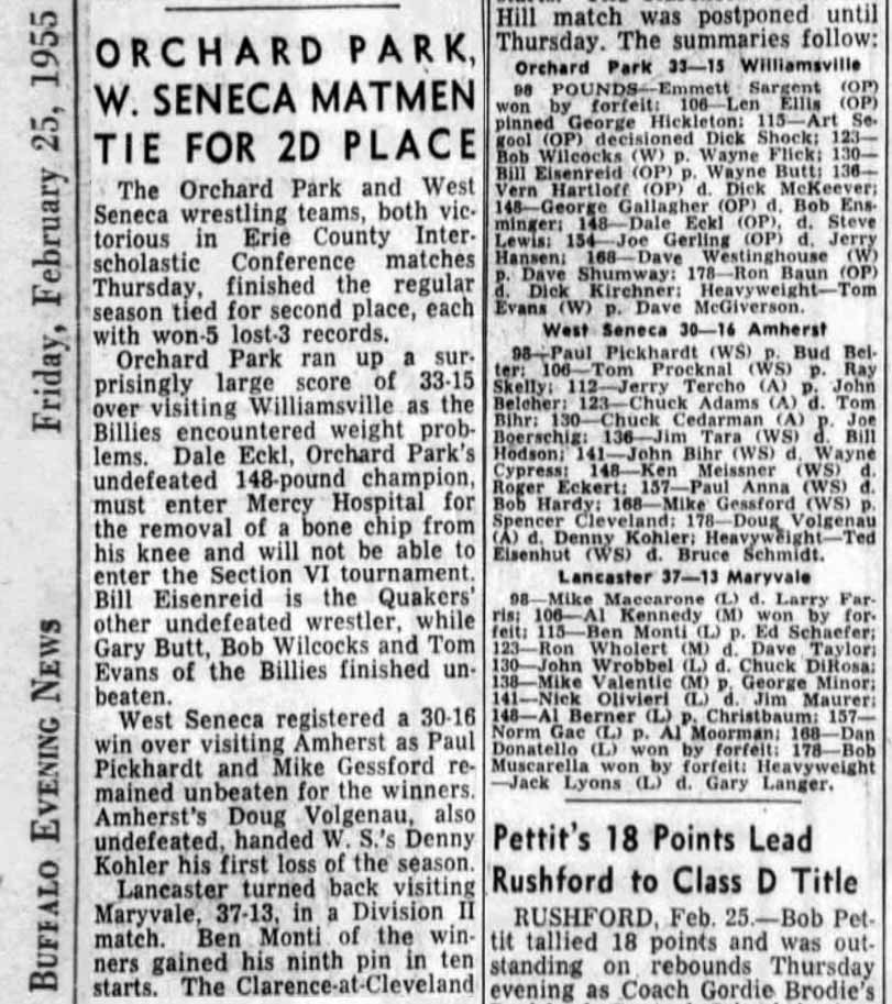 Orchard Park, West Seneca Matmen Tie for 2nd Place