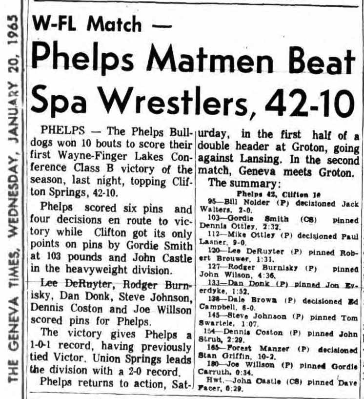 Phelps Matmen Beat Spa Wrestlers, 42-10