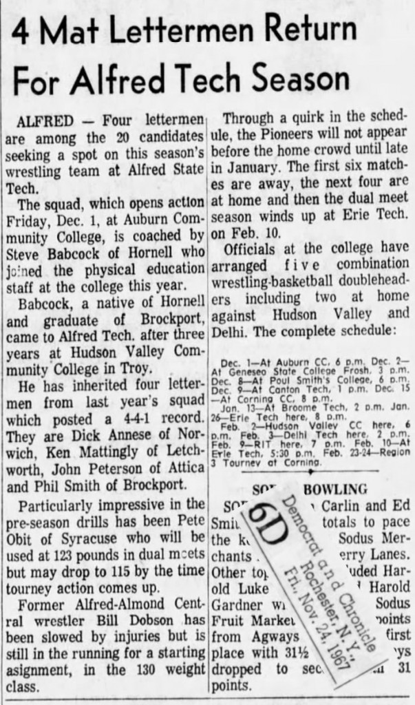 4 Mat Lettermen Return For Alfred Tech Season