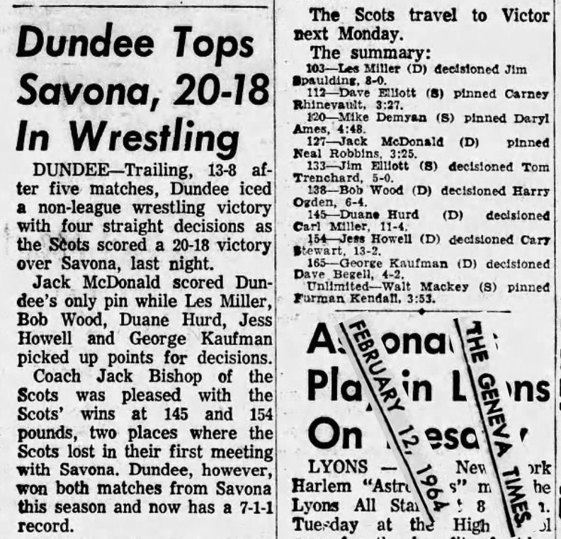 Dundee Tops Savona, 20-18 In Wrestling
