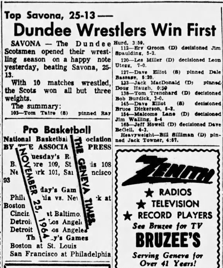 Dundee Wrestlers Win First; Top Savona, 25-13