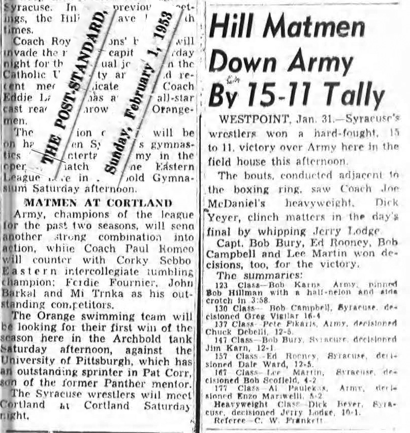 Hill Matmen Down Army by 15-11 Tally