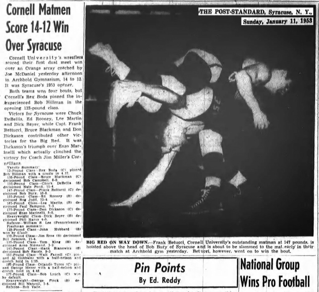 Cornell Matmen Score 14-12 Win Over Syracuse