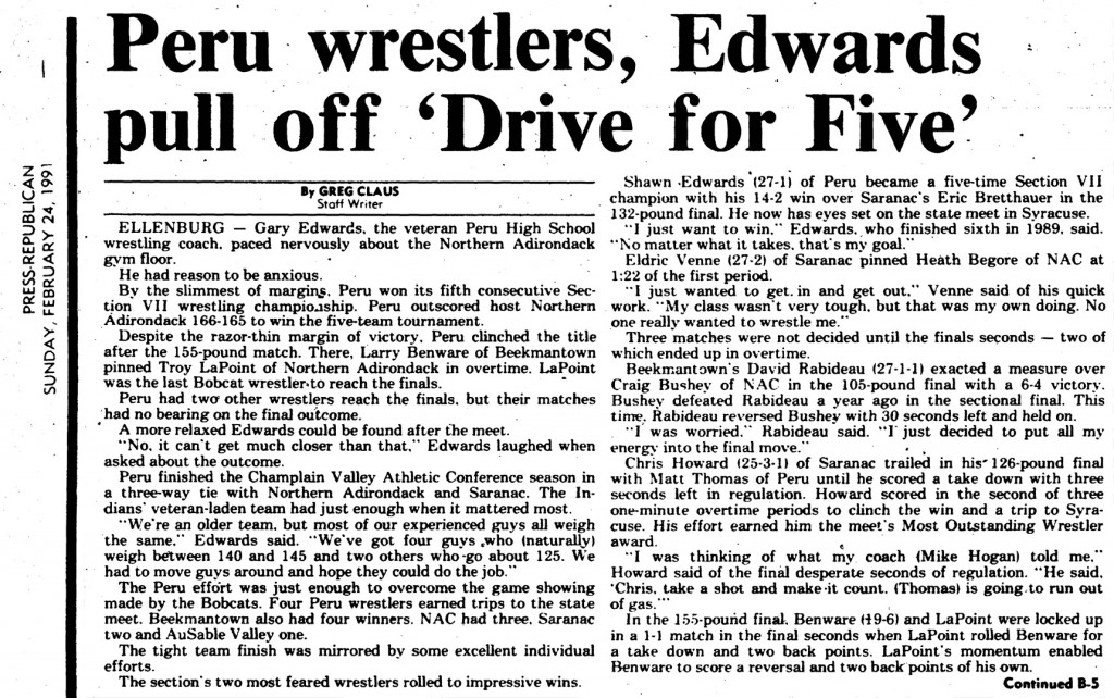 Peru wrestlers, Edwards, pull off 'Drive for Five'