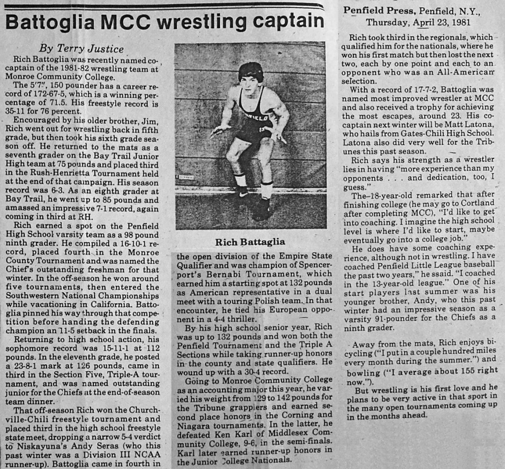 Battoglia MCC wrestling captain