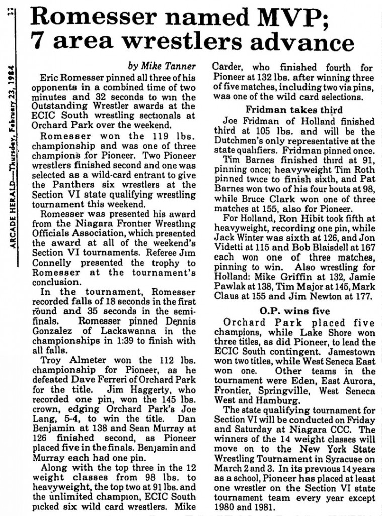 Romesser named MVP; 7 area wrestlers advance