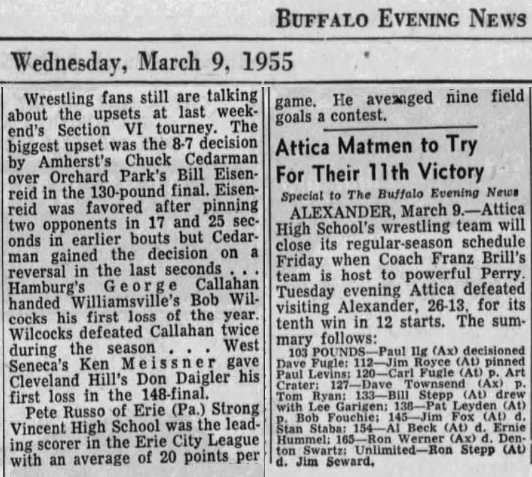 Attica Matmen to Try For Their 11th Victory