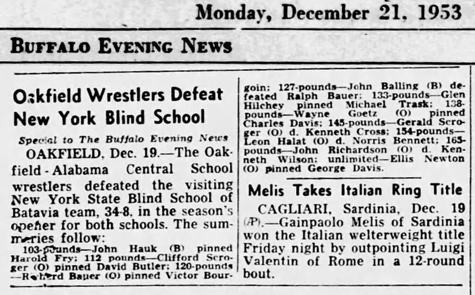 Oakfield Wrestlers Defeat New York Blind School