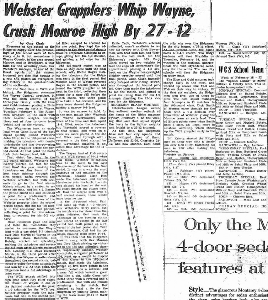 Webster Grapplers Whip Wayne, Crush Monroe High By 27-12