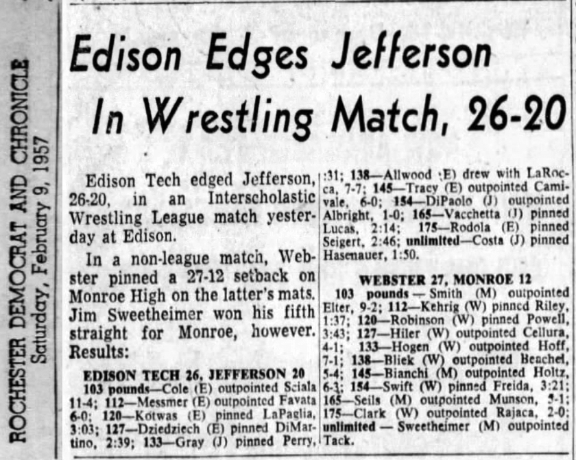 Edison Edges Jefferson In Wrestling Match, 26-20