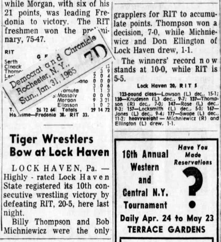 Tiger Wrestlers Bow at Lock Haven