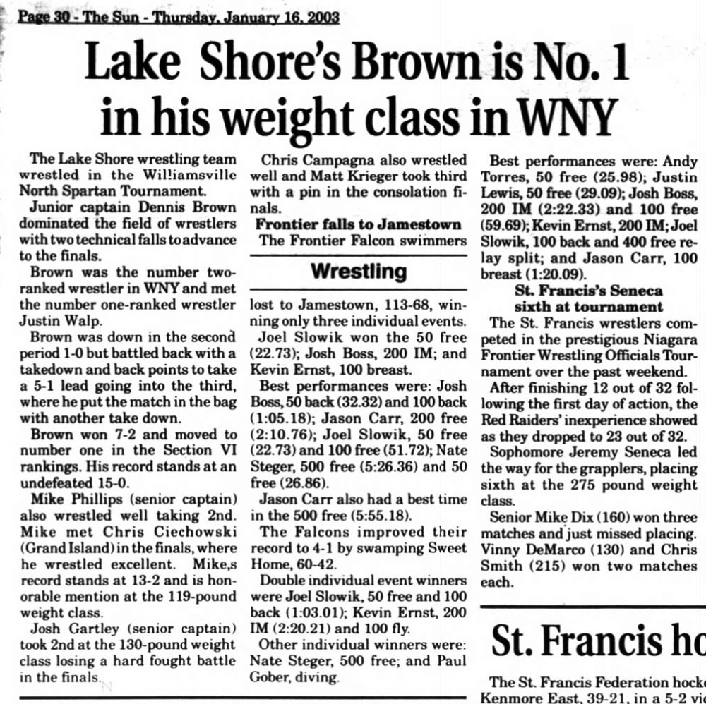 Lake Shore's Brown is No. 1 in his weight class in WNY