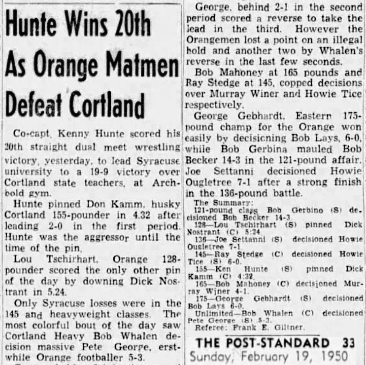 Hunte Wins 20th As Orange Matmen Defeat Cortland