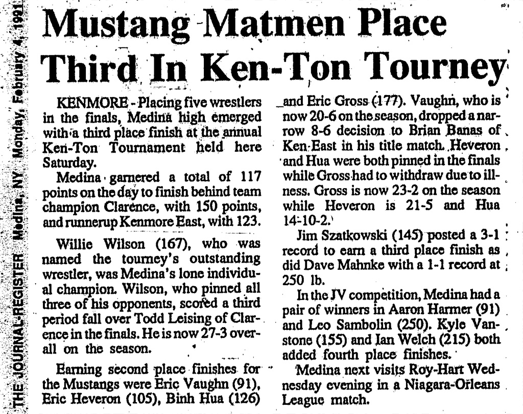 Mustang Matmen Place Third In Ken-Ton Tourney