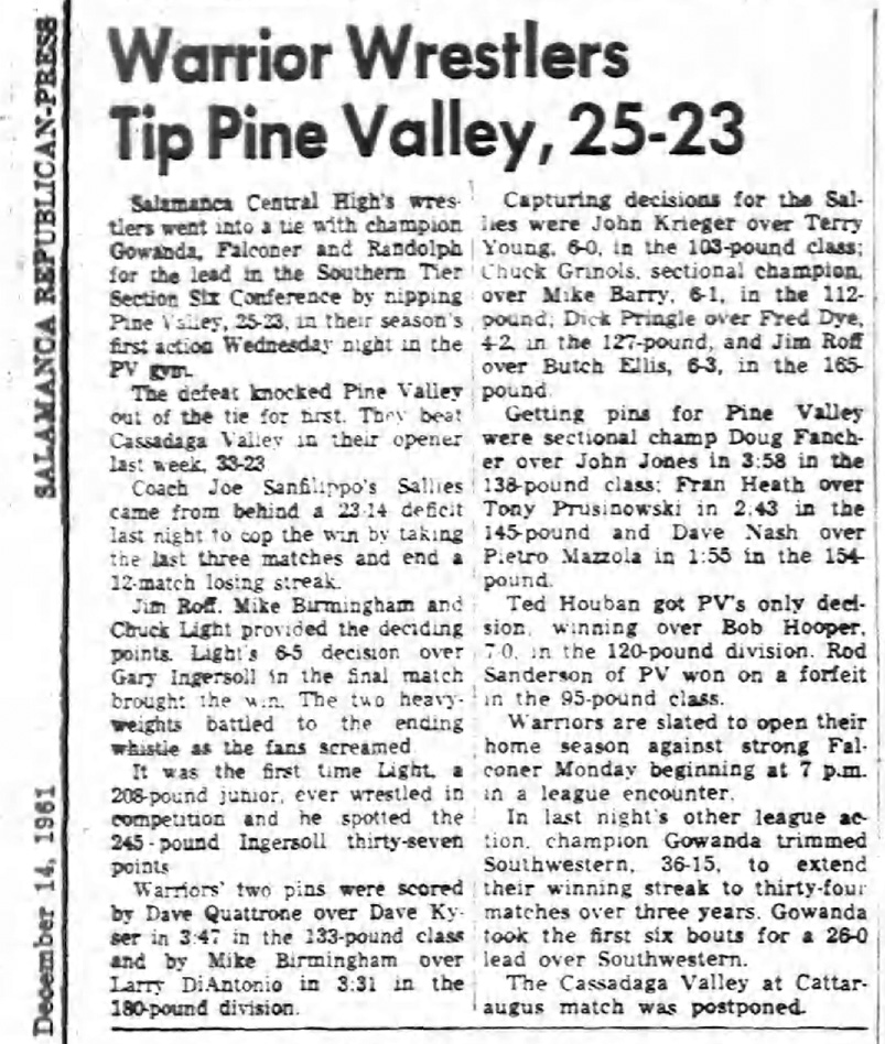 Warrior Wrestlers Tip Pine Valley, 25-23