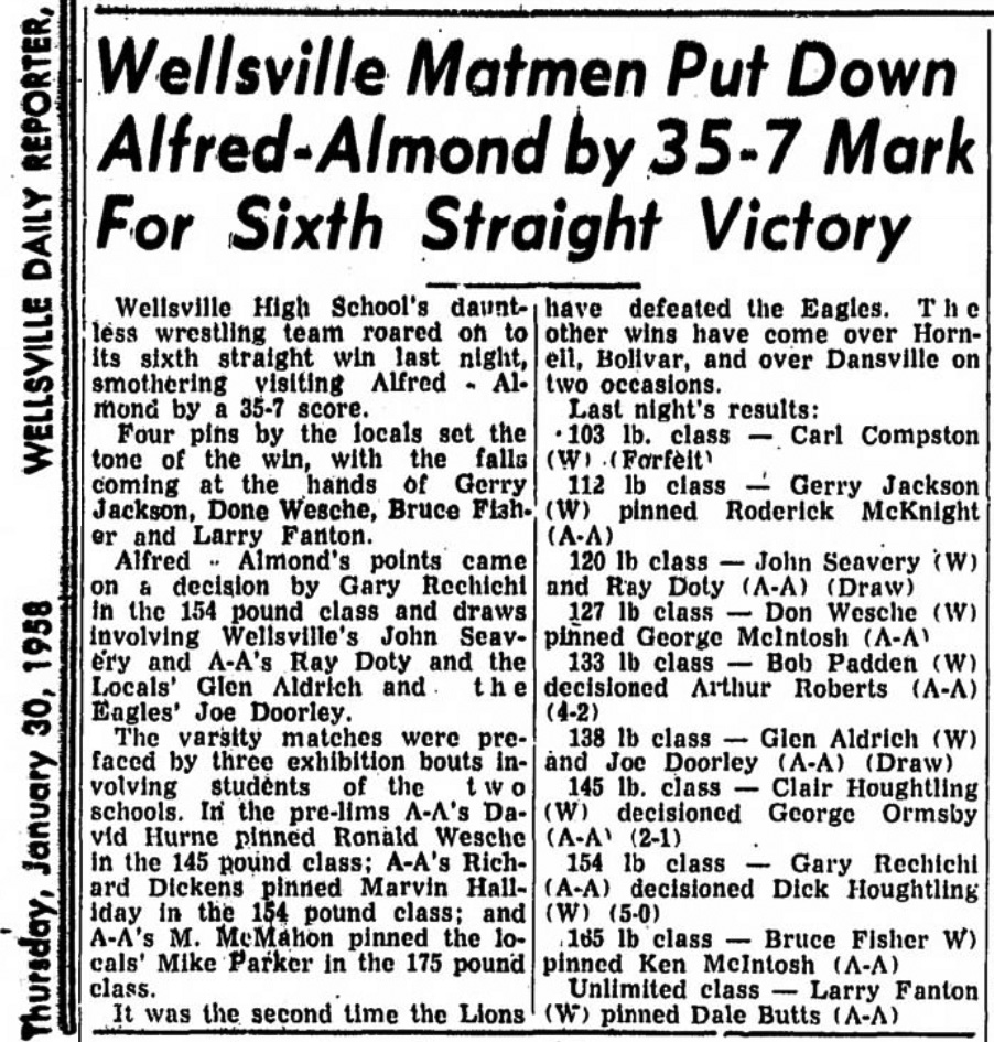 Wellsville Matmen Put Down Alfred-Almond by 35-7 Mark For Sixth Straight Victory