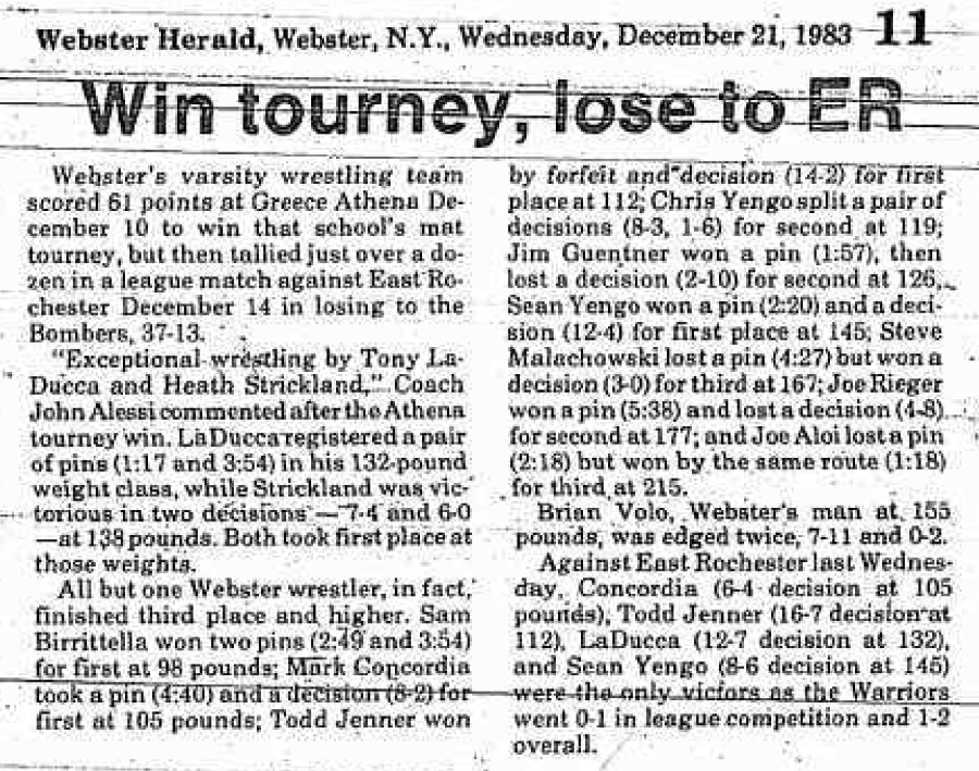 Webster wrestlers Win tourney, lose to ER